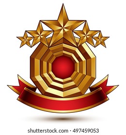 Majestic vector golden ring isolated on white background, 3d polished five golden stars. Heraldic branded symbol with festive red ribbon.