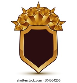 Majestic vector golden ring isolated on white background, 3d polished five golden stars. Heraldic branded symbol with festive red ribbon. Dimensional glossy decorative stars, elegant shaped blazon.