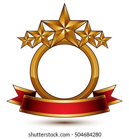 Majestic vector golden ring isolated on white background, 3d polished five golden stars. Heraldic branded symbol with festive red ribbon. Dimensional glossy decorative stars, elegant shaped blazon.