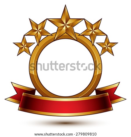 Majestic vector golden ring isolated on white background, 3d polished five golden stars. Heraldic branded symbol with festive red ribbon. Glossy decorative stars, elegant shaped blazon. Eps8.