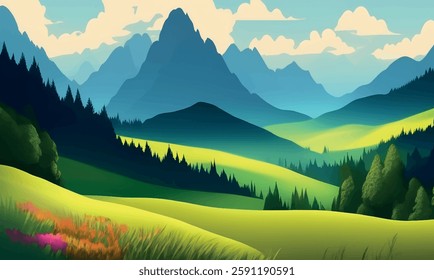 Majestic view of beautiful lush green valley with trees and colorful grass against high mountains. Beautiful spring landscape. Green grassland and forest with mountain natural landscape. Vector.