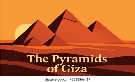 A majestic view of the Pyramids of Giza at sunset, with the golden light casting long shadows over the desert sands, highlighting the ancient monuments against a stunning twilight sky
