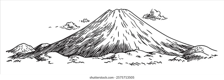 majestic volcano with surrounding hills and clouds hand-drawn sketch doodle