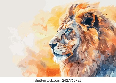 Un majestuoso león acuarela con una melena que se disuelve en un paisaje de puesta de sol, animales, estilo acuarela, fondo blanco, con espacio de copia