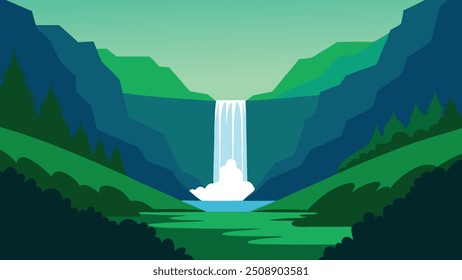 Majestic waterfall cascades down amidst a lush green field, creating a stunning natural landscape flat vector illustration