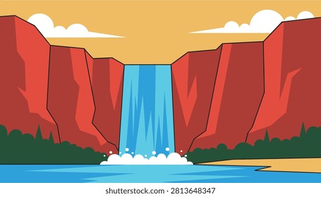 Majestic waterfall cascading down between giant red rock cliffs into a calm blue river during a warm sunset.