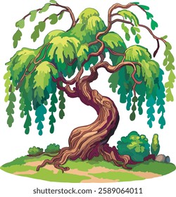 Majestic weeping willow tree with flowing branches and lush green leaves, a detailed vector illustration of serene nature. Perfect for landscapes, fairytales, botanical, and fantasy designs