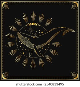 A majestic whale gracefully swims among celestial bodies and cosmic symbols in an artistic representation of marine beauty and cosmic wonder