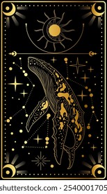 A majestic whale leaps gracefully against a dark backdrop, surrounded by shimmering stars and intricate celestial patterns, creating a harmonious blend of oceanic and cosmic realms.