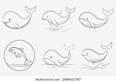 Majestic Whale Line Art Set ,Premium Vector Collection