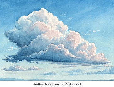 Majestic white clouds drift across a bright blue sky, creating a serene atmosphere.