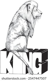 Majestic Wild Lion sitting on KING lettering with isolated background. Vector Image and Illustration