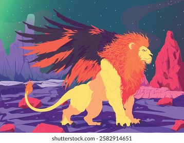 Majestic, winged lion in a desert with Rocky Mountains under a starry night sky, fantasy mystical background.