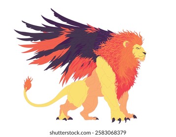 Majestic, winged lion with powerful wings and fierce gaze, a mythical and legendary creature background.