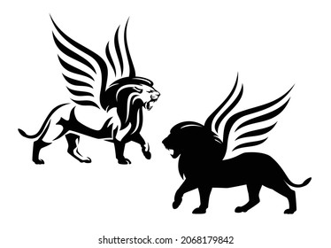 majestic winged lion walking forward side view portrait - black and white vector mythical animal outline and silhouette design