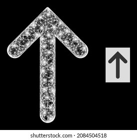 Majestic wire frame up arrow icon with light spots on a black background. Bright vector constellation based on up arrow icon, with irregular net and scattered light spots.