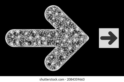 Majestic wire frame right direction icon with light spots on a black background. Light vector structure is based on right direction glyph, with hatched network and random light spots.