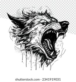 Majestic Wolf: Hand-Drawn Aggressive Outline Design in Black and White - Flash Tattoo, Coloring Page, Doodle Art Vector, Transparent Background