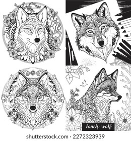 A majestic Wolf illustration in a stylish composition. Adult coloring book pages made freehand with doodle and Zentangle elements., Vector  illustration