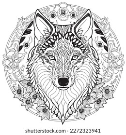 A majestic Wolf illustration in a stylish composition. Adult coloring book pages made freehand with doodle and Zentangle elements., Vector  illustration