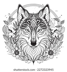 A majestic Wolf illustration in a stylish composition. Adult coloring book pages made freehand with doodle and Zentangle elements., Vector  illustration