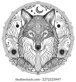 A majestic Wolf illustration in a stylish composition. Adult coloring book pages made freehand with doodle and Zentangle elements., Vector  illustration