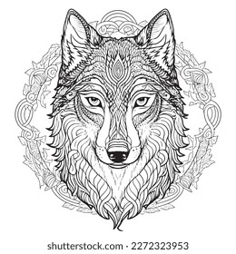 Una majestuosa ilustración Wolf en una composición elegante. Páginas de libros de coloreo para adultos realizadas a mano libre con doodle y elementos Zentangle., Ilustración vectorial