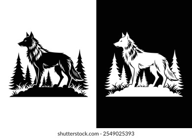 A majestic wolf stands tall against a backdrop of evergreen trees, showcasing its power and grace. This high-quality vector illustration is perfect for graphic design projects, logos, symbols, icons.