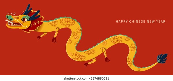 Majestic yellow dragon with delicate floral patterns soaring on bright red background. Suitable for CNY year of the dragon design.