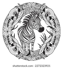 A majestic Zebra illustration in a stylish composition. Adult coloring book pages made freehand with doodle and Zentangle elements., Vector  illustration