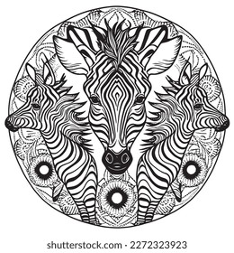A majestic Zebra illustration in a stylish composition. Adult coloring book pages made freehand with doodle and Zentangle elements., Vector  illustration