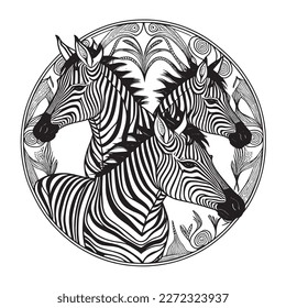 A majestic Zebra illustration in a stylish composition. Adult coloring book pages made freehand with doodle and Zentangle elements., Vector  illustration