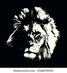 Majesty and power of a lion's face, featuring a detailed mane and striking features, black and white illustration 