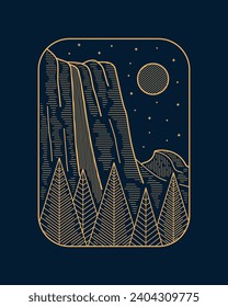 Majesty of Yosemite Falls National Park in mono line style vector art