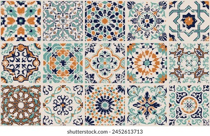 Majolica Azulejos Fliesen Patchwork Bildschirmhintergrund Vektorgrafik Nahtloses Muster für Stoff-Placemat Teppich Teppich Kissen Tischdecke Grunge-Effekt in separater Lage