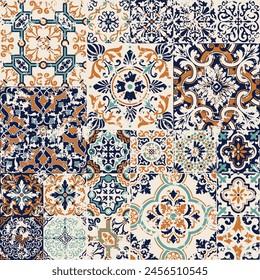 Majolica azulejos tiles patchwork wallpaper vector seamless pattern for fabric placemat rug carpet pillow tablecloth grunge effect in separate layer