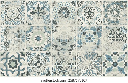 Majolica azulejos tiles patchwork wallpaper vector seamless pattern for fabric placemat rug carpet pillow tablecloth grunge effect in separate layers