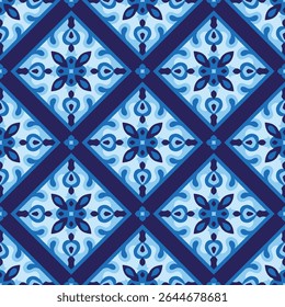 Majolica background in navy blue colors. Ceramic tile for kitchen, floor, textile. Patchwork seamless pattern. Vector geometric illustration.