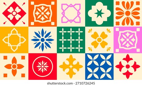 Conjunto de motivos de cerámica de mayólica: motivos tradicionales de baldosas mediterráneas con adornos florales y geométricos. Ideal para la decoración de la cocina, artesanías o impresiones textiles