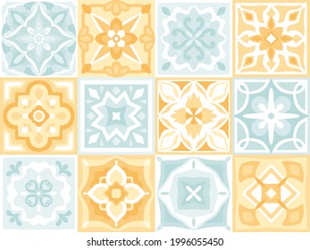 Majolica ceramic tile pattern. Mediterranean Italian, Spanish pottery art. Mexican talavera, portuguese azulejo ornaments set. Decor design for floor, kitchen