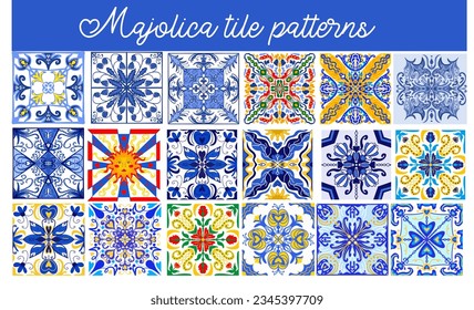 Majolika Muster Set. Sizilianische handgezeichnete blaue Ornamente. Traditionelle blaue und weiße Keramikfliesen. Portugiesisches traditionelles Azulejo-Muster. marokkanischer Stil.Vektorgrafik.