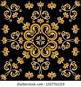 Majolica pottery tile, black and gold azulejos, original traditional Portuguese and Spain decor. Tile with Victorian motifs. Vector illustration
