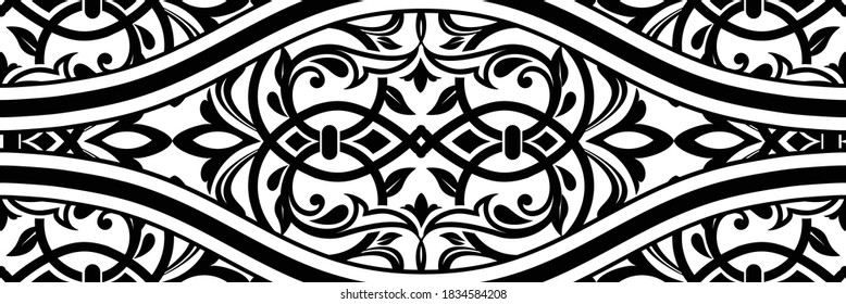 Majolica pottery tile, black and white azulejo, original traditional Portuguese and Spain decor. Seamless border with Victorian motives. Vector illustration.