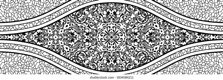 Majolica pottery tile, black and white azulejo, original traditional Portuguese and Spain decor. Seamless border with Victorian motives. Vector illustration.