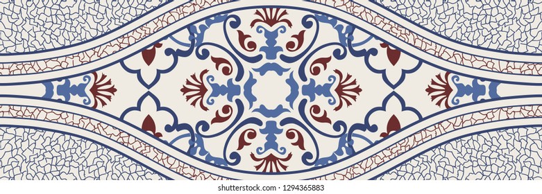 Majolica pottery tile, blue, brown and gray azulejo, original traditional Portuguese and Spain decor. Seamless border with Victorian motives. Vector illustration