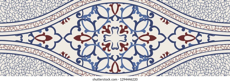 Majolica pottery tile, blue, brown and gray azulejo, original traditional Portuguese and Spain decor. Seamless border with Victorian motives. Vector illustration.