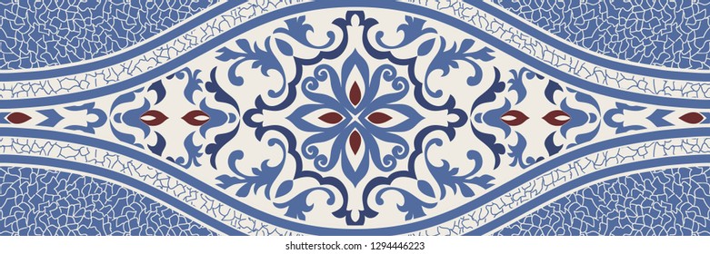 Majolica pottery tile, blue, brown and gray azulejo, original traditional Portuguese and Spain decor. Seamless border with Victorian motives. Vector illustration.