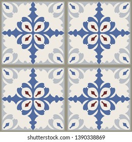 Majolica pottery tile, blue, brown and gray azulejo, original traditional Portuguese and Spain decor. Seamless patchwork. Hand drawn pattern. Ceramic tile in talavera style. Vector illustration