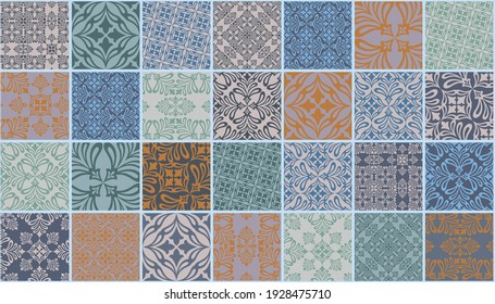 Majolica pottery tile, blue, green and grey azulejos, original traditional Portuguese and Spain decor. Seamless patchwork tile with Victorian motives. Vector illustration