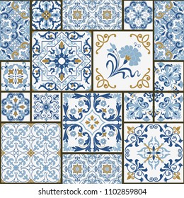 Majolica pottery tile, blue and white azulejo, original traditional Portuguese and Spain decor. Seamless patchwork tile with Victorian motives. Vector illustration